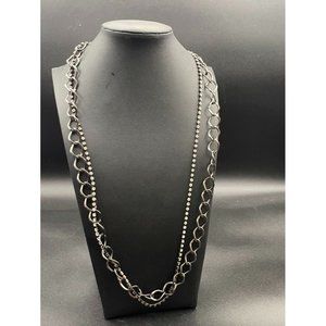 Black Metal Crub Style Rhinestone Studded Layered Statement Necklace L 34 In.